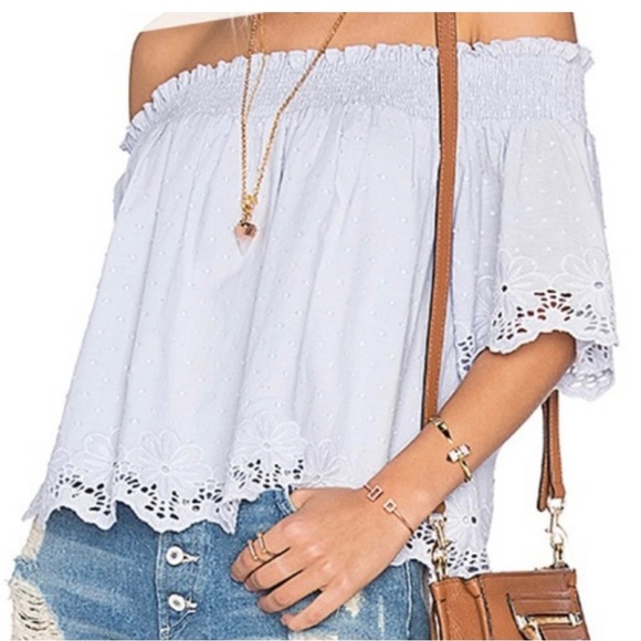 Tularosa light blue eyelet off the shoulder crop top. - Picture 4 of 6
